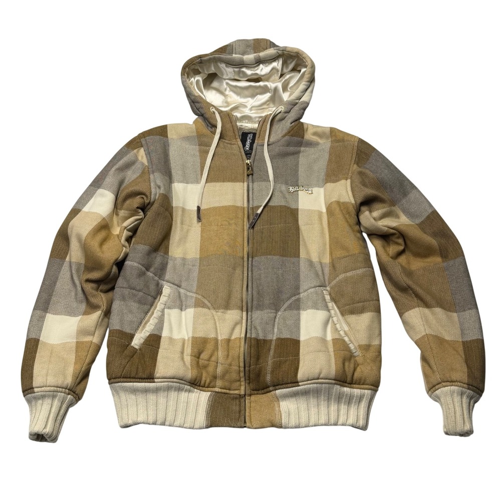 Vintage Billabong Mens Hooded Jacket Plaid Large Full Zip Brown Tan Y2K Skater